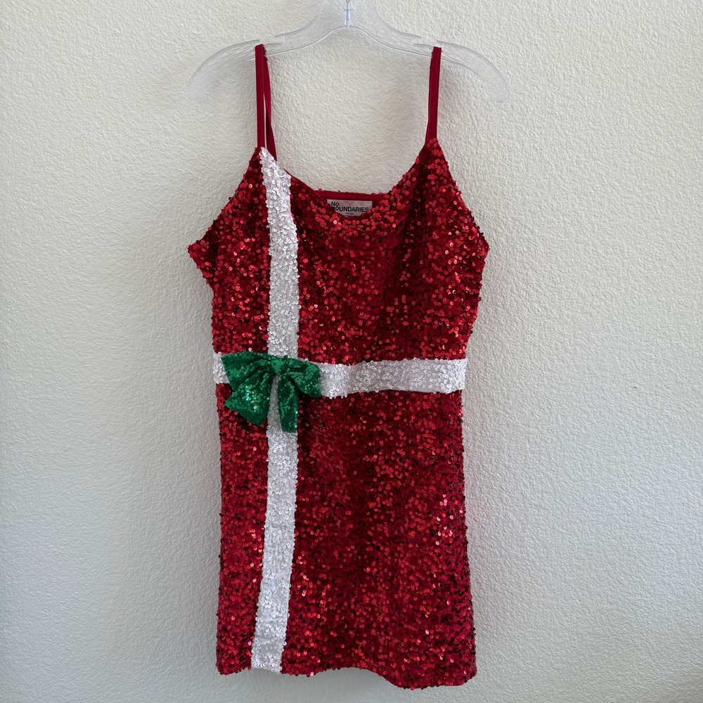 Red Sequin Christmas Present Mini Dress Green Bow XXL Holiday-\